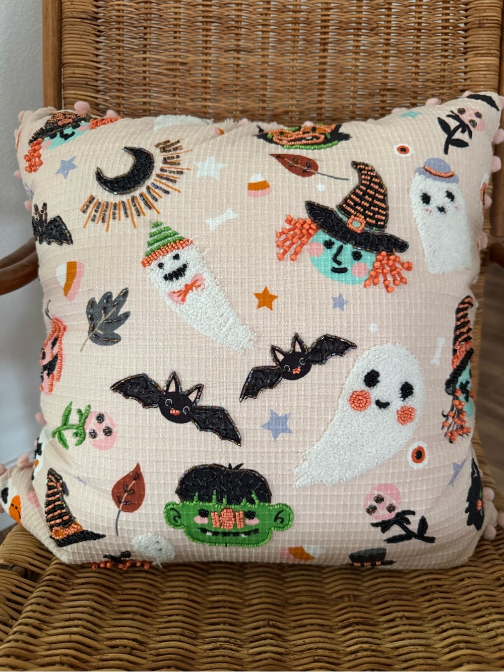 Halloween Pink Beaded Throw Pillow